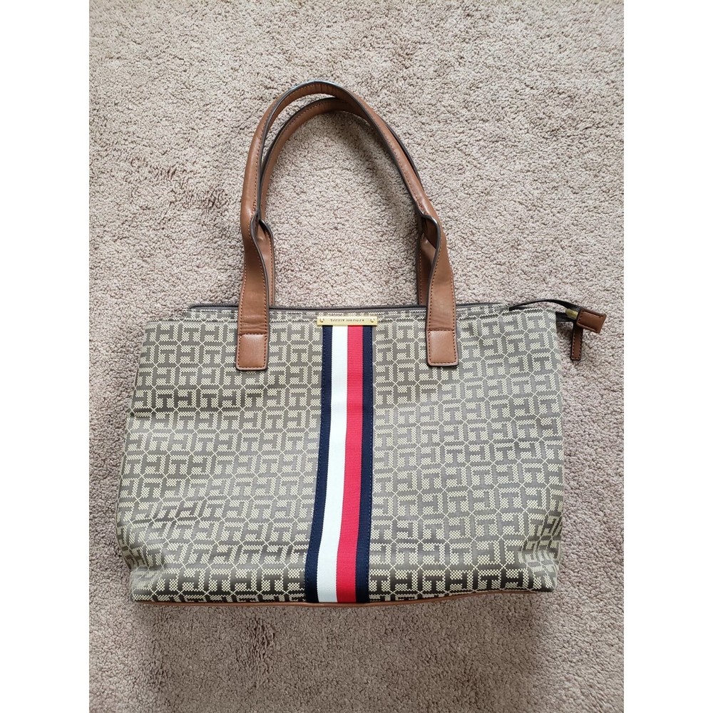 Tommy Hilfiger Canvas Logo Striped Beige Tan Large  Tote Bag